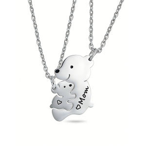 2 Pcs Cartoon Bear Mom And Baby Matching Heart Necklace Stainless Steel Mothers Day Jewelry Gifts