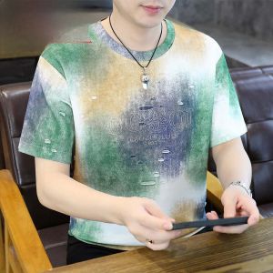 HENGYUANXIANG | Fashionable Summer 2025 Mens Short Sleeve T-Shirt Color Block Tie Dye Hole Round Neck Breathable Thin Standard Fit Urban Style