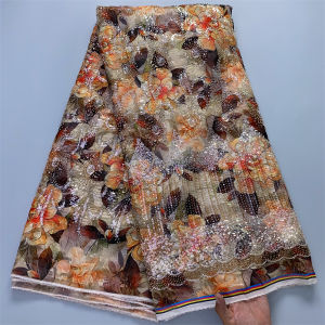 Green Floral Printed Mesh Tulle Lace Fabric With Rhinestones Sequins Luxury African Net Lace For Wedding Evening Party Dresses