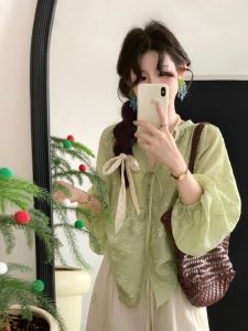 YUFUQING | French Green Floral Long Sleeve Shirt Women Early Autumn New Lazy Loose Loose Personality Match Upper Apparel Belted Style