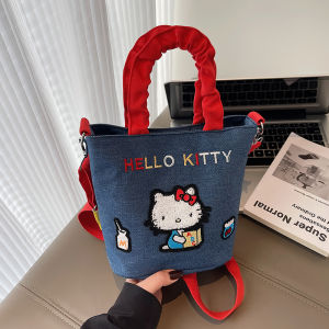 Cute Hellokitty Cat Denim Bucket Bag Womens Fashionable New 2025 Crossbody Bag Versatile Canvas Soft Magnetic Buckle Closure