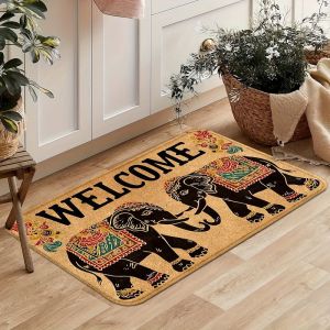 VIKAMA Ethnic Elephant Welcome Doormat Non Slip Machine Washable Entryway Rug for Kitchen Porch Hallway Bohemian Home Decor