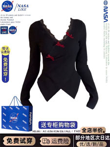 NASA Pure Desire Lace Splice V-neck Knitted Base Shirt Womens Autumn Winter Slim-fit Butterfly Knot Top Commute Style Regular Sleeve Long T-shirt