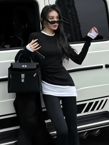 Korean Style Long Sleeve T-Shirt Womens Autumn Winter Fleece Warm Waist Slimming Fake Two-Piece Top Fashionable Pleated Splice