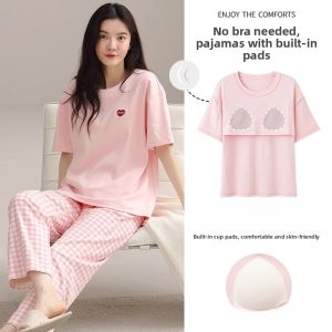 miiow | Pure Cotton Summer Sleepwear Womens Short Sleeve Short Pants Set Sweet Girls Home Clothes With Chest Pad Anti-Vacuum Design