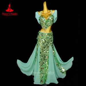 Belly Dancing Performance Suit for Women Big Sequins Bra Top+Long Skirt 2pcs Oriental Dance Professional Competition Clothing