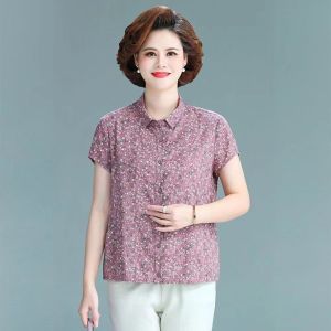 Womens Short-Sleeved Clothes for the Elderly Summer with Cotton Western Style Women Cotton Floral Shirt Large Size Moms Clothing Shirt