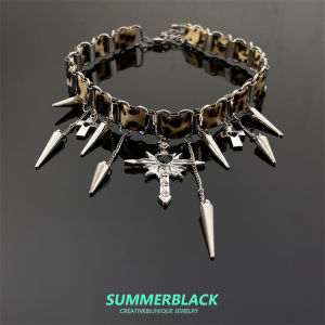 Trendy Hot Girl Leopard Print Rivet Cross Choker Necklace Womens Fashion Sensation Clavicle Chain Lockbone Chain Accessory