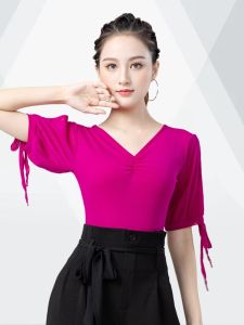 Fashionable Adult Womens Latin Dance Top Gymnastics Practice Clothing Short Sleeve V-Neck SilkDance Sportswear Yoga Fitness