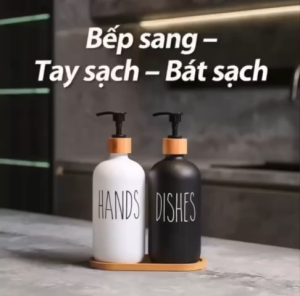 BÌNH ĐỰNG XÀ PHÒNG THỦY TINH CAO CẤP 500ML KÈM KỆ GỖ | BỘ 2 CHAI | DECOR NHÀ BẾP PHÒNG TẮM