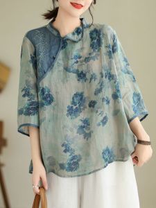 Retro Chinese Style Print Ramie 3/4 Sleeve Shirt Plus Size Womens Clothing Contrast Color Thin Embroidery Retro Pullover Tops Summer