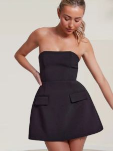 Solid Color Pocket High Waisted A-Line Dress Pure Color Pocket A-Line Skirt Short Sleeveless Womens Fashion Autumn Dress