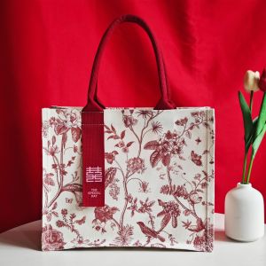 Large Capacity Canvas Wedding Favor Bag Engaged Banquet Packaging Sugar Box Handmade Chinese Style Family Storage Organizer