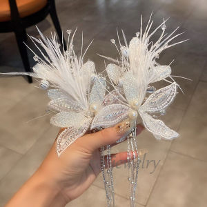 Elegant Crystal Pearl Feather Lace Trim Hairpin for Bridal Updo Performance Tassel Hair Clip Photo Prop Fashionable Hair Accessories