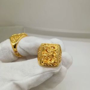 Pure 24k Pawnable Saudi Gold Dragon ring embossed domineering mens open ring hip hop personality jewelry