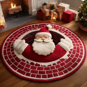 VIKAMA 3D Visual Effect Santa Claus Rug Soft Non Slip Round Living Room Carpet Washable Festive Party Decorative Rug Home Decor
