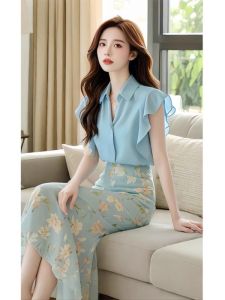 TIANANQI | Áo Khoác Tay Bay Phong Cách Hàn Quốc Màu Xanh Cảm Giác Mát Mẻ + Chân Váy Midi Hoa Dập Ly Cao Waist