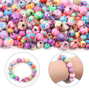 50pcs/lot Polymer Clay Beads Flower Pattern Printing Round Beads Loose Spacer Beads For DIY Jewelry Making Bracelet Necklace
