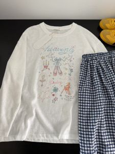 Summer Loose Fit Long Sleeve round Neck T-Shirt Womens Design Sensation Printed Casual Style Breathable Sun Protection Top