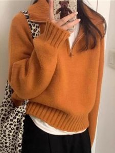 Áo Len Dệt Kim Cổ Đứng Rộng Rãi Cho Nữ Mùa Thu Đông Phong Cách Hàn Quốc Áo Khoác Ngoài Cổ Bẻ Khóa Nửa Zí Thiết Kế Mới