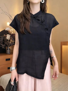 QINGNAER | Black Mandarin Collar Chinese Style Short Sleeve Shirt