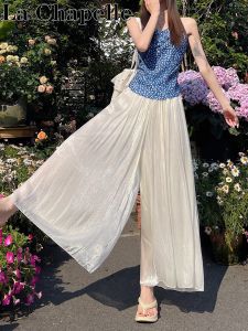 La Chapelle Summer Thin Ice Silk Wide Leg Pants High Waist Nine Points Flowing Chiffon Skirt Womens Casual Straight Cut Trousers