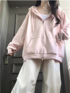 Thickened Fleece Womens Hoodie Korean Style Loose Fit Autumn Winter Coat Long Sleeve Zipper Closure Drawstring Hat Included