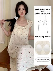 Sweet Princess Style Sleep Dress with Chest Pad Loose Fit Cotton Weave Summer Home Clothes Womens mid Length Sleeveless Gown