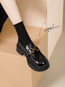 Black Thick Bottom Womens Loafers Summer New Style Casual round Toe mid Heel Synthetic Leather Fashion Single Shoes for Commuting