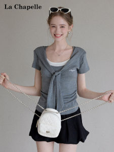 La Chapelle | Navy Collar Faux Two-Piece Letter Embroidered Pleated Fitted T-shirt