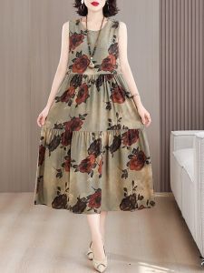 Váy Dài Bằng Lụa Cotton in Họa Tiết Mùa Hè Váy Dài Rộng Rãi Váy Xếp Nếp Kiểu Ngọt Ngào Váy Không Tay Cổ Tròn Dáng Chữ a