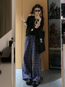 Ultra-Long Plaid Casual Pants Womens Single Button Loose Slim Wide Leg Floor-Length Trousers Summer Thin Natural Waist Zipper