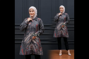 Baju Batik Wanita Muslim Lengan Panjang Tunik Batik Kantor Atasan Modern Kekinian D6