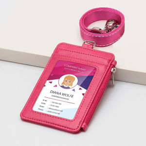Womens Multi Card Slots Staff Office Worker Student Card Holder PU Leather Badge Access Control Business Lanyard Zipper Coin Pouch