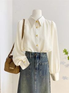 WANGGONGZHU | French Elegant High-End Chiffon Shirt Womens Autumn New Style Polo Collar Base Shirt Long Sleeve Inner Wear Korean Style Pure Color
