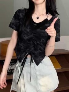 Plus Size Summer Stylish Halterneck Short Short Sleeve T-shirt Female Plus Size Ladies Fake Two-Piece Fancy Slim Looking Shoulder Tops