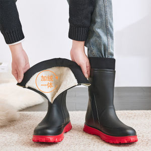 รองเท้าบูทกันฝนรองเท้ากันฝนระดับเหนือข้อเท้ากันลื่นแบบผู้ชายรองเท้ายางใส่ล้างรถสำหรับตกปลาในห้องครัวไซต์ก่อสร้างกันน้ำฤดูหนาวบุขนซับใน