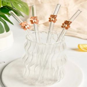 1/5/7PCS Bear Glass Straw Set Reusable Bent Straws for Milk Tea Cocktails Iced Drinks Cozy Vibes Dessert Shop Date Gift