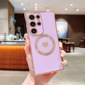 Luxury Plating Lovely Heart Soft Case For Samsung Galaxy S25 S24 S23 S22 S21 Plus Ultra S20 FE Magnetic Wireless Charge Cover