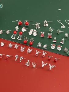S925 Sterling Silver Needle Christmas Series Deer Snowflake Earrings Womens Fashion  Red Sweet New Year Ear Jewelry