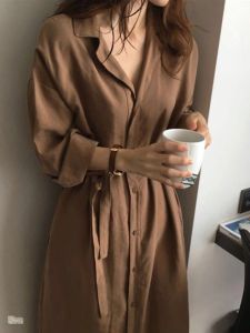 Pure Color Tagless มีเข็มขัด เดรสเชิ้ต ผู้หญิง ฤดูใบไม้ผลิ ฤดูใบไม้ร่วง เกาหลีหลวม สไตล์ฝรั่งเศส แขนยาว ปกโปโล ทรงเอ เดรส