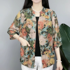 เสื้อคาร์ดิแกนแขนยาวพิมพ์ลายบาง หลวม ระบายอากาศได้ดี สำหรับคุณแม่วัยกลางคน ช่วงฤดูร้อน ป้องกันแสงแดด แฟชั่น ลำลอง