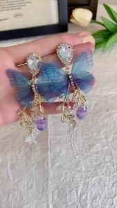 Blue Butterfly Drop Earring Women Imitation Pearl Crystal Long Tassel Chain Rhinestone Earring Party Wedding Jewelry Gifts K0