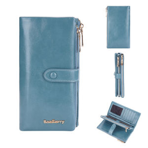Oil Wax Leather Womens Long Wallet With Double Zipper Buckle Large Capacity Clutch Bag Multi-Card Holder