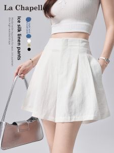 La Chapelle | White Ice Silk Linen Short Pants for Women High Waisted Slim