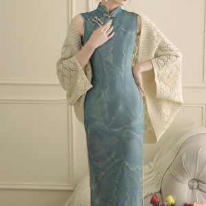 Young Girls Summer Qipao Dress Blue No-Sleeve New Chinese Style Sensual Morning Robe Daily Wear Retro Design Long Slit