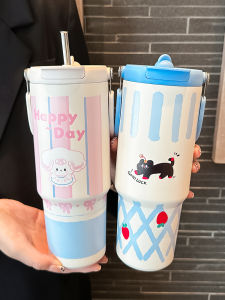 Large Capacity Insulated Water Bottle Straw Office Ladies 2025 New Cute Double Drink Car Portable Ice King Cup Stainless Steel
