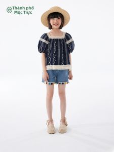 iplant | Áo Blouse Tay Bồng Cổ Vuông Ren Cổ Điển Cho Bé Gái
