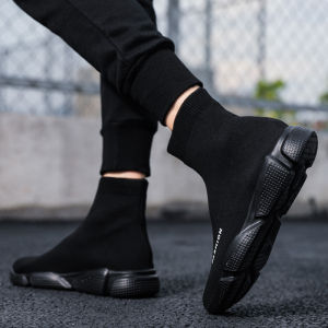 All Black High-Top Cloth Shoes plus Velvet Mens Shoes Knitted Fabric Board Shoes No Shoelace Canvas Shoes High-Top Ankle Boots No Shoelace Sock-Style Shoes