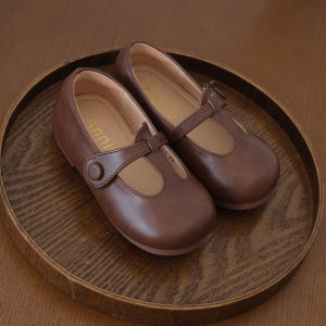 AnnieGirl Girls Soft Bottom Comfortable Leather Shoes with Magic Tape Straps Vintage Versatile Fall New Style Princess Style